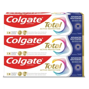Three tubes of Colgate Total Active Prevention Advanced Whitening toothpaste help prevent new surface stains and fight gum problems.
