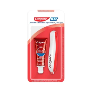 The Colgate travel oral care kit includes Optic White toothpaste with optic brighteners and a foldable soft-bristled toothbrush for instant teeth whitening on the go.