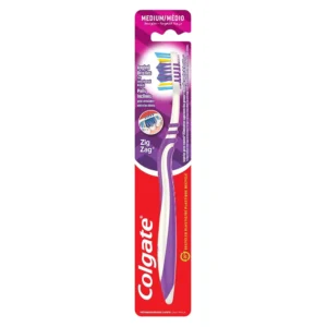 A single Colgate Zigzag Medium Toothbrush with V shape bristles for interdental cleaning and a raised tip for back teeth plaque removal.