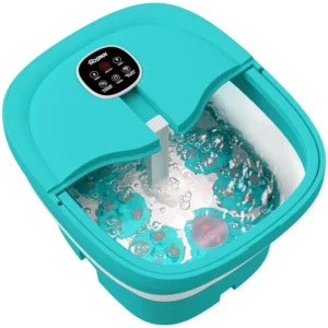 This collapsible foot spa features electric rotary massage, heat, bubbles, remote control, and motorized shiatsu massage balls for relaxing foot stress relief and at-home pedicures.