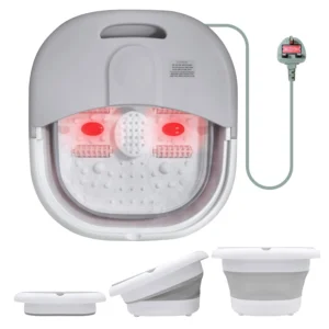 The collapsible foot spa bath massager provides heat, bubbles, and shiatsu rollers for a relaxing and therapeutic foot soaking experience at home.
