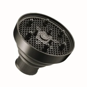 A black collapsible hair diffuser attachment, designed for universal fit on most hair dryers, is shown folded for easy storage and travel.