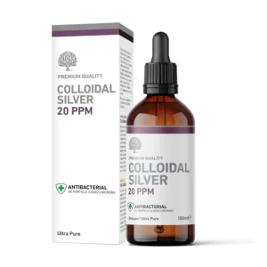 A 100ml amber glass dropper bottle of 20ppm Colloidal Silver, a natural antibacterial solution made with pure silver and reverse osmosis water, manufactured in the UK.