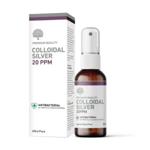 Amber glass bottle of Nature's Greatest Secret colloidal silver spray, 20 ppm, pH 9, made in the UK with pure silver and reverse osmosis water.