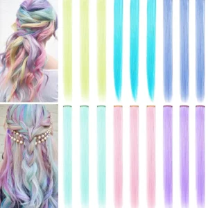 This image shows 18 pieces of 21-inch heat-resistant synthetic hair extensions in light blue, light green, light purple, light pink, sky blue, and fluorescent yellow with clips, perfect for parties, cosplay, and adding colorful highlights.