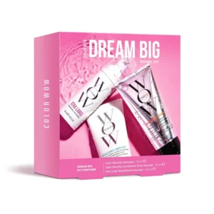 The COLOR WOW Dream Big Travel Kit contains essential hair care products, including Dream Coat, to keep your hair frizz-free and manageable while traveling.