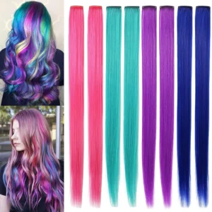Eight pieces of pink, purple, teal, and blue straight clip in hair extensions, made of heat-resistant synthetic fiber, perfect for adding colorful streaks to girls' and women's hair for parties or cosplay.