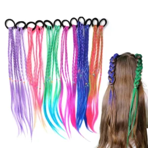 Twelve colorful rainbow braid hair extensions with rubber bands are displayed, perfect accessories for girls and women to add a fun, unique touch to their hairstyles.