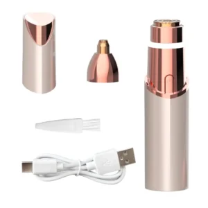 This compact and portable 2-in-1 eyebrow trimmer offers painless hair removal for eyebrows, nose, face, and body and is easily rechargeable with a USB.