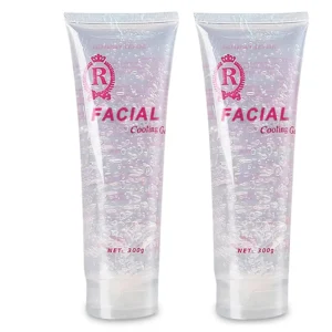 Two tubes of clear, mint-infused conductive gel, rich in collagen and hyaluronic acid, ideal for use with RF facial machines, hair removal, body slimming, and skin tightening treatments to enhance device efficacy and provide smooth conductivity for all skin types.