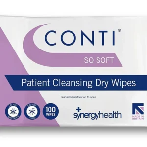 A pack of 100 large Conti SoSoft patient wipes, designed for gentle and effective skin cleansing, each wipe measuring 30cm in length and 36cm in depth, and eligible for VAT relief.