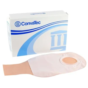 Convatec Sur-Fit Natura drainable ostomy pouch with a 57mm flange, featuring soft comfort panels and a secure, audible click closure for easy pouch changes.
