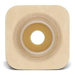 Tan ConvaTec Sur-Fit Natura stomahesive flexible wafer with a 1/2 inch stoma opening and a 1 3/4 inch flange.