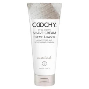 A bottle of Coochy Shave Cream Au Natural for gentle and comfortable personal grooming.