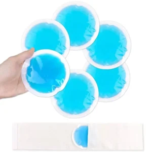 Small reusable gel ice packs with soft elastic sleeves provide targeted cold or warm compress relief for eyes, face, breastfeeding, toothaches, and nosebleeds.