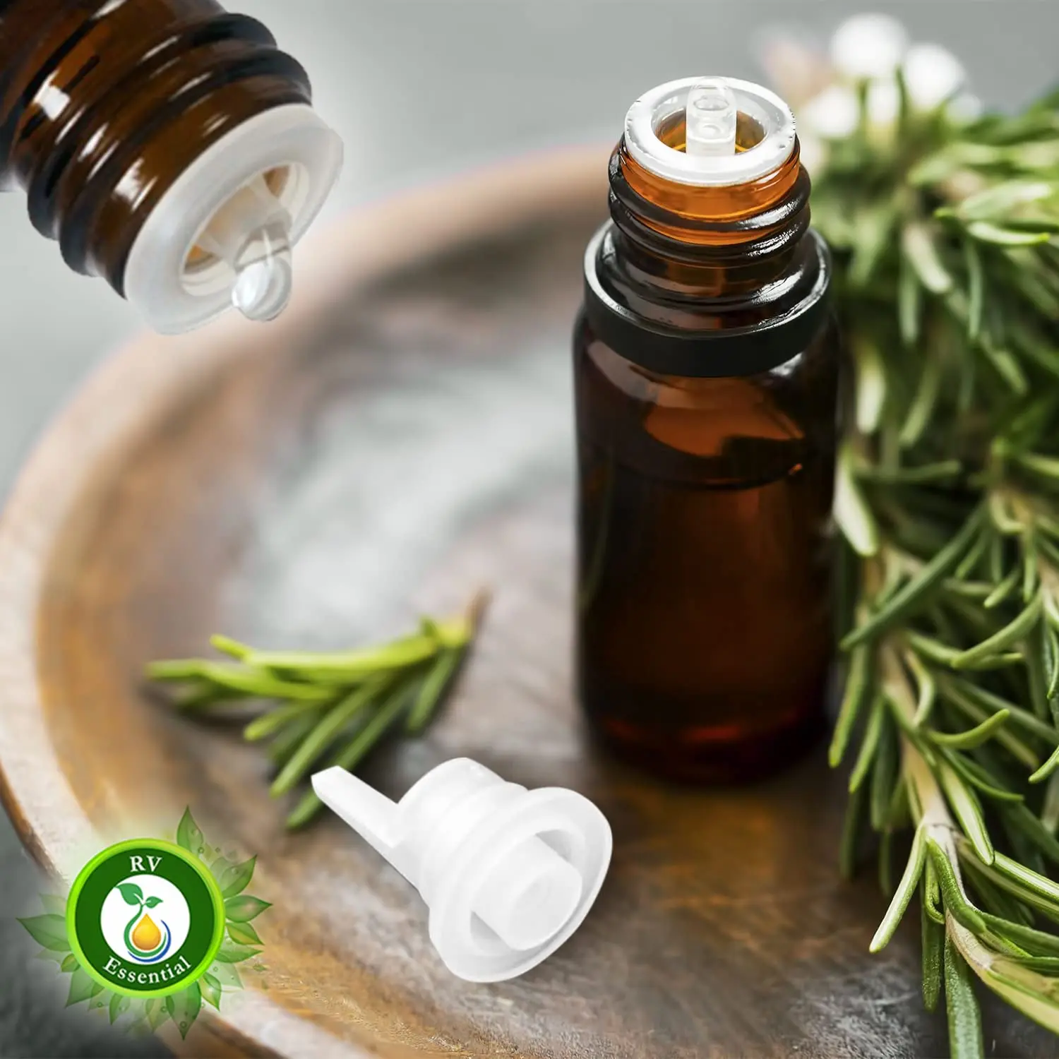 A 30ml bottle of R V Essential Pure Copaiba Essential Oil, a 100% pure and natural, certified quality, therapeutic grade oil guaranteed for its purity.