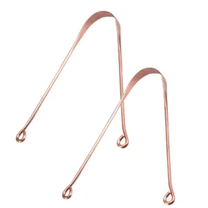 Two pure copper tongue scrapers for adults, designed for effective bacteria removal and improved oral hygiene.
