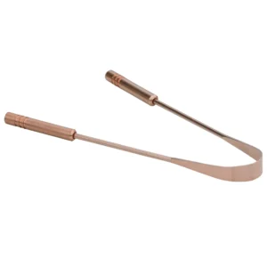 A close-up of the HealthGoodsIn pure copper tongue scraper, highlighting its comfortable grip handles and wide, adjustable cleaning surface for effective tongue cleaning.