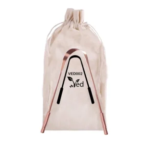 This 100% pure copper tongue scraper naturally restricts plaque growth and improves oral hygiene, featuring a comfortable grip handle and an eco-friendly travel bag.