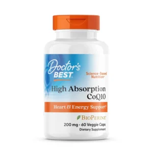 Doctor's Best CoQ10 200mg supplement with BioPerine for enhanced absorption, naturally fermented, vegan and gluten-free, in a bottle of 60 veggie capsules promoting heart health and energy production.