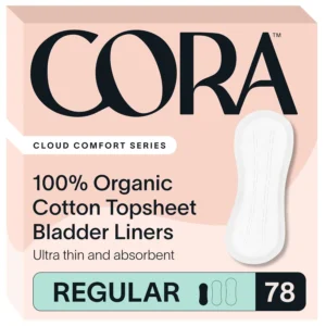 This image shows Cora Ultra Thin Organic Bladder Liners, specifically designed for incontinence, postpartum, and everyday use, offering breathable cotton protection for women with bladder leaks.