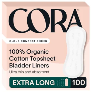 Cora extra long bladder liners with 100% organic cotton topsheet quickly absorb leaks to keep you dry and comfortably lock odors away without synthetic fragrances.