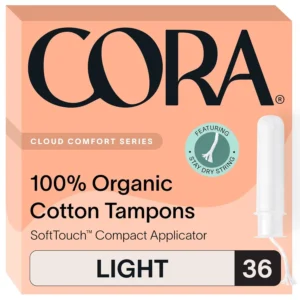 Thirty-six Cora light absorbency tampons made with 100% organic cotton and a BPA-free compact applicator for comfortable, leak-proof period protection.