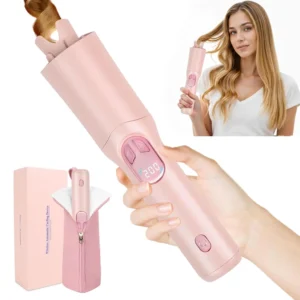 The cordless automatic rotating curling iron with USB-C charging has negative ion ceramic to protect from heat and is rechargeable for travel.