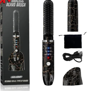 Cordless beard straightener brush with three temperature settings for grooming coarse and curly beards, featuring ionic technology and a portable design.