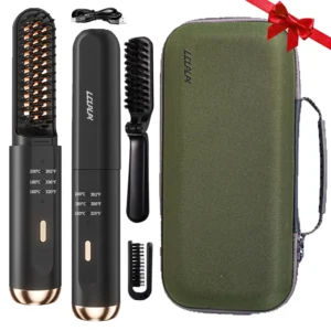 Cordless beard straightener for men with ionic technology, anti-scald design and three temperature settings for home and travel.