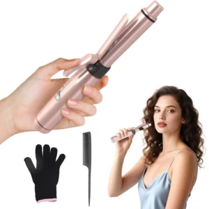 Rose gold cordless curling iron with comb and charging cable, offering rechargeable and portable styling for travel or on-the-go use.