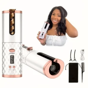 The YelaJoy cordless automatic curling iron in white, featuring an LCD screen and ceramic barrel, creates long-lasting, beautiful curls on the go with adjustable temperature settings.