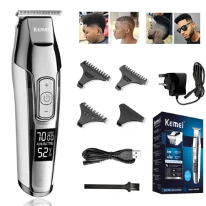 This cordless KEMEI hair clipper features self-sharpening steel blades, a long-lasting lithium-ion battery, and USB rechargeability, making it ideal for trimming beards, mustaches, and hairlines.