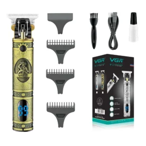 This golden VGR V-228 cordless hair clipper is a rechargeable, close-cutting T-blade trimmer perfect for achieving bald head styles and grooming various hairstyles at home or while traveling.