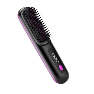 This cordless and portable hair straightener brush features ionic technology, anti-scald ceramic plates, and adjustable temperature settings for styling on the go.