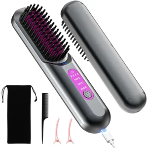 This cordless hair straightener brush is a portable and rechargeable styling tool for women's hair and men's beards, featuring negative ion technology for soft, shiny results.