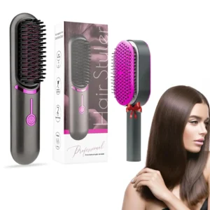 This cordless and portable hair straightening brush features adjustable temperature, negative ion technology, and a self-cleaning brush for creating smooth, frizz-free styles on the go.
