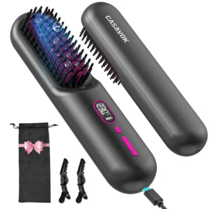 This cordless hair straightener brush is a portable and rechargeable mini comb perfect for travel, featuring negative ion technology and multiple temperature settings for styling on the go.