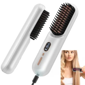 The portable cordless hair straightening brush with ceramic-coated bristles releases negative ions for frizz-free, smooth, and shiny hair.