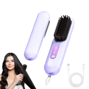A cordless hair straightener brush with double anti-scald teeth and LCD display showing the temperature and battery life, perfect for styling on the go.