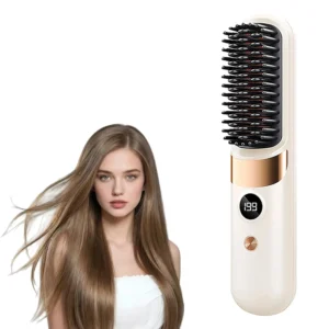 Cream white cordless hair straightening brush with LED display, four adjustable heat modes, and ceramic technology for achieving salon-quality hair at home or while traveling.
