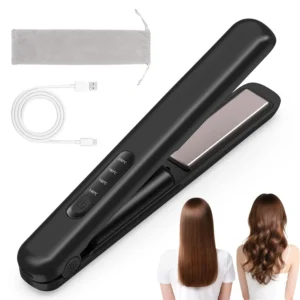 A black cordless hair straightener and curler 2 in 1 mini travel flat iron for women with an LCD display is charging with a USB-C cable.