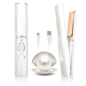 This cordless hair straightener and portable flat iron features titanium plates for straightening and curling on the go, making it perfect for travel with its dual voltage and powerful 5000 mAh battery.