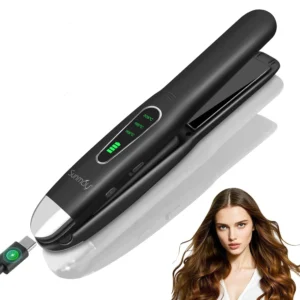 This cordless hair straightener is a mini, portable flat iron perfect for travel and on-the-go styling, featuring titanium plates and dual voltage for worldwide use.