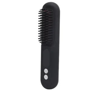 This cordless hair straightening brush with negative ion technology heats up quickly and features a 3D comb design for smooth, shiny, and healthy-looking hair.