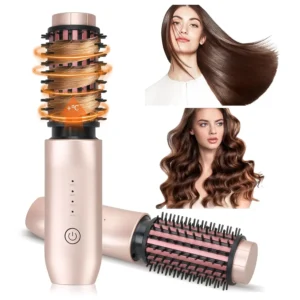 A cordless heated hair brush in gold, used for straightening and curling hair, perfect for travel and styling on the go.