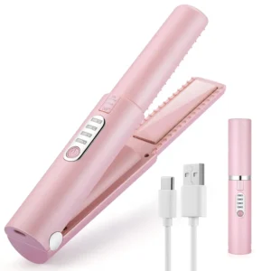 Azonee pink cordless mini hair straightener and curling iron is perfect for on-the-go styling with its USB-C rechargeable 4800mA battery and adjustable temperature settings.