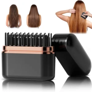 A black cordless mini hair straightener comb with temperature display, perfect for on-the-go styling of all hair types including curly hair and wigs.