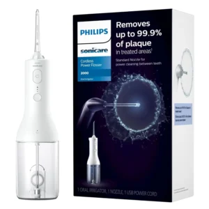 A white Philips Sonicare Cordless Power Flosser designed for removing plaque and food debris, featuring a compact design and 360° rotation.