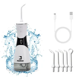 This cordless water flosser features a 350ml water tank, five pressure modes from 50-150 PSI, long-lasting battery, 360-degree nozzle rotation, and a waterproof design for reliable dental cleaning.